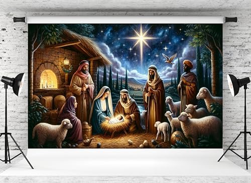 9x6ft Nativity Backdrop Bethlehem Star Holy Family Shepherds Sheep Background for Merry Christmas Religious Celebration Winter Holiday Church Event Baby Shower Decor Booth Prop Wallpaper - Image 2