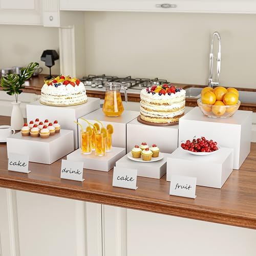 Metal Buffet Risers,4PCS OVERSIZED Food Risers for Buffet Table 8IN to 11IN Display Stand with Mini Acrylic Signs for Catering Dessert Wedding Collectibles Jewelry Figures Show Grayish White Cube Boxes Nesting Risers with Hollow Bottoms - Image 3