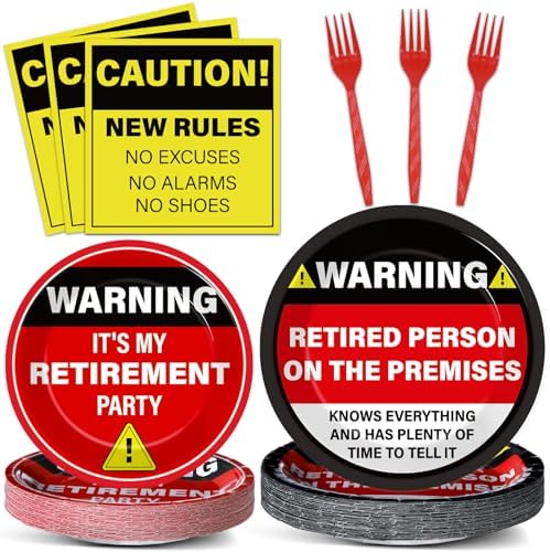 Qyeahkj 100 Pcs Funny Happy Retirement Party Supplies Caution Retirement Paper Plates and Napkins Set Disposable Warning Sign Tableware Decorations for Men Women Farewell Going Away Party Serves 25 by Qyeahkj