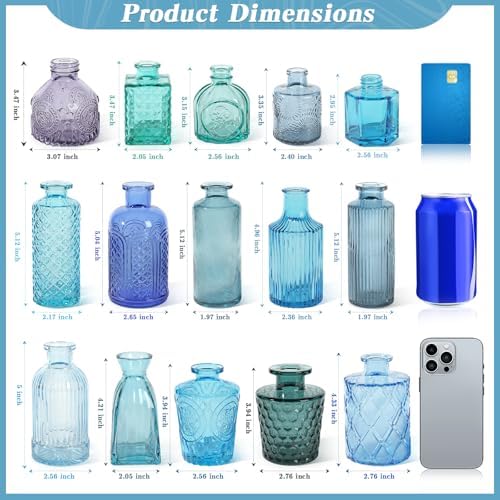 Set of 15 Blue Glass Bud Vases Small Textured Flower Vases - Image 3