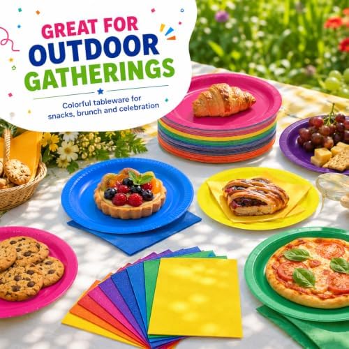 100 Pcs 7 & 9 Inch Colorful Paper Plates and Solid Printed Napkins - Image 7