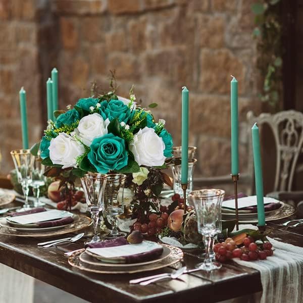 BLOSMON Teal Flowers Ball Decorations: 2 Pcs Fake Roses Table Centerpiece - Image 3