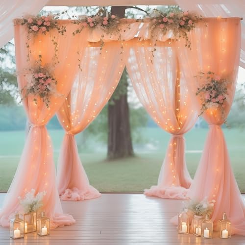 30×10ft Peach Tulle Backdrop Curtain with Lights String for Parties, Sheer Curtain Backdrop Drapes for Wedding Party Home Decorations - Image 3