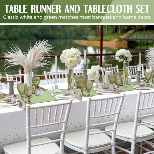 Breling 24 Pack White and Sage Green Tablecloths and Satin Table Runner Set - Image 6