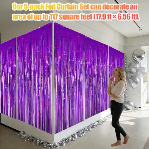 5 Pack 3.28ft x 6.56ft Glitter Purple Tinsel Foil Fringe Curtains, Photo Booth Backdrop Party Decorations for Birthday Wedding Baby Shower Graduation Bachelorette New Years - Image 3