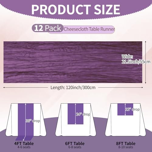 12 Pcs Dark Purple Cheesecloth Table Runner 10Ft, Gauze Table Runners 21.5 x 120 inch,Semi Sheer Cheese Cloth Fabric Runner Bulk for Wedding,Party,Baby Shower,Bridal Shower - Image 2