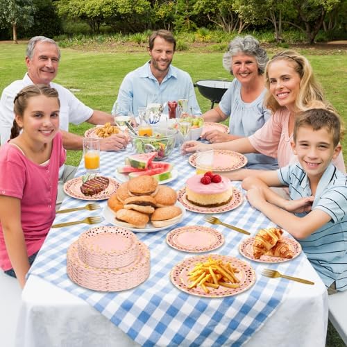150 Pcs Pink and Gold Paper Plates Party Supplies,Serves 50 Guests 7" 9" Pink Gold Plates and Gold Plastic Forks,Disposable Paper Tableware Set for Birthday Wedding Bridal Shower Decorations - Image 7