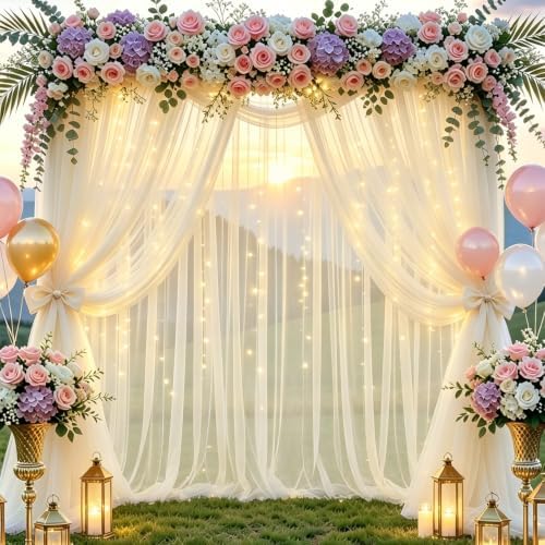 Tulle Backdrop Curtain with Lights String 10FT X 10FT Champagne Sheer Tulle Backdrop Curtains for Wedding Birthday Baby Shower Party Reception Photo Booth Decorations (2 Panels 5x10FT) by Chesjin