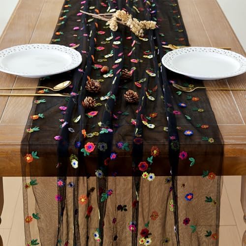 JIALE Black Floral Table Runner, Embroidery Daisy Seasonal Table Decorations, 120Inch 10FT Tulle Fabric for Home Decor, Bridal Shower Wedding, Baby Shower Parties, DIY Craft - Image 3