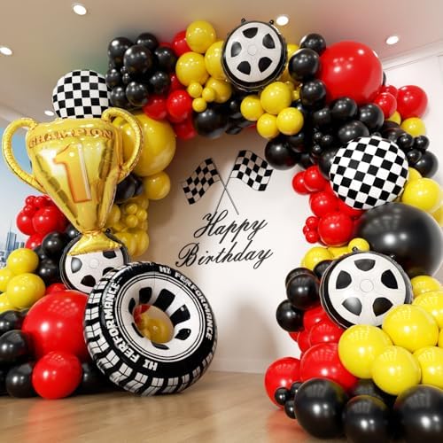 Race Car Balloon Arch Garland Kit, 154pcs Different Size Tire Flags Checkered Black Red Yellow Balloons Arch Kit for Racing Car Two Fast Theme Boy Birthday Anniversary Party Decorations by PTGOLUO