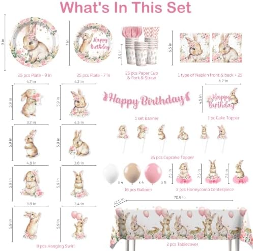 Xynic 205pcs Bunny Birthday Decorations Complete Tableware Set, 25 Guests - Image 2
