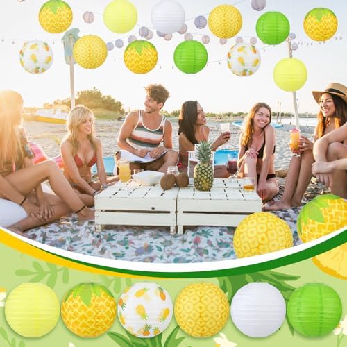 Panelee 12 Pcs Pineapple Party Decorations Hawaiian Party Hanging Supplies 8 Inches Round Paper Lanterns for Tropical Luau Birthday Holiday Bachelorette Decor Supplies - Image 5