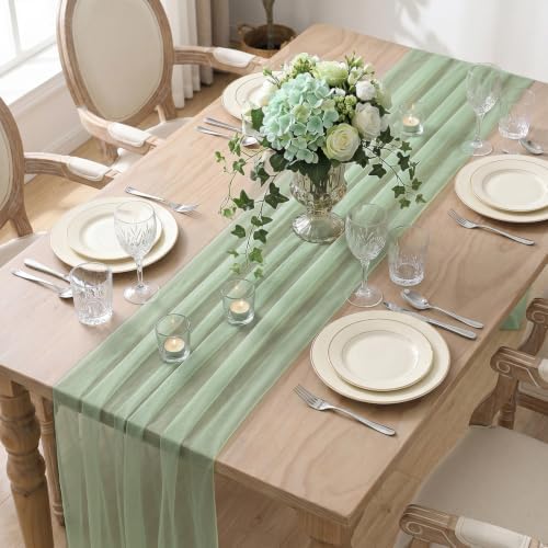 Artoid Mode 3Pcs Sage Green Gauze Table Runner 28x120Inch, Seasonal Sheer Kitchen Dining Holiday Wedding Birthday Baby Shower Table Decor for Home Party - Image 4