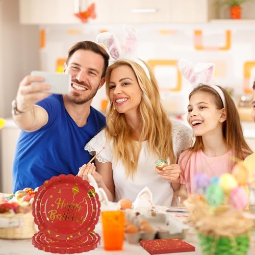50PCS Happy Birthday Paper Plates and Napkins Party Decorations - 7 Inch Scalloped Red and Gold Dessert Plates and 6.5 Inch Napkins Disposable Tableware Set Birthday Party Supplies, Serves 25 - Image 6