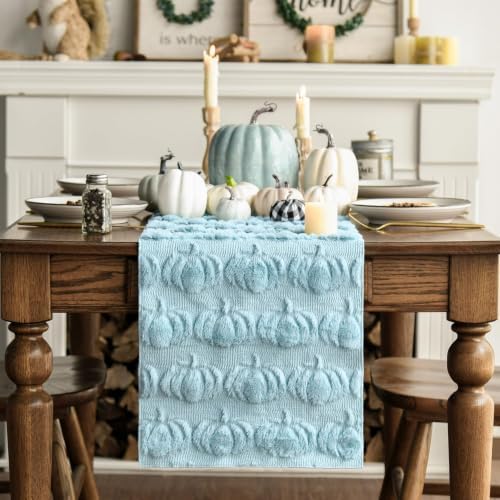 Artoid Mode Blue Soft Faux Fur Pumpkins Fall Table Runner 13x72 Inch - Image 3