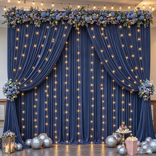 20x10FT Navy Blue Backdrop Curtains with Lights for Parties,Wrinkle Free Wedding Photo Backdrop Curtains for Baby Shower Birthday Ceremony Reception Home Party Decorations-5ft x 10ft,4 Panels by Partisky