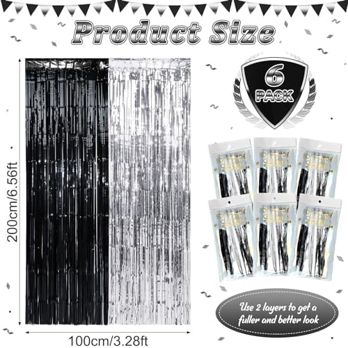 6 Pack 3.3Ft x 6.6Ft Graduation Foil Fringe Curtain Backdrop Decorations, Black Silver Metallic Tinsel Foil Streamers Curtain Photo Background for Graduation Prom Wedding Birthday Party Decorations - Image 3