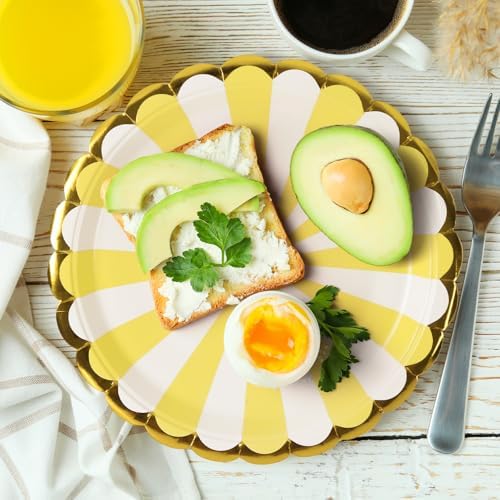 50 Pcs Yellow Party Paper Plates with Gold Scalloped Edge, Yellow Disposable 9 inch Scalloped Paper Dessert Plates Party Supplies for Birthday Bridal Shower Picnic, Striped - Image 7