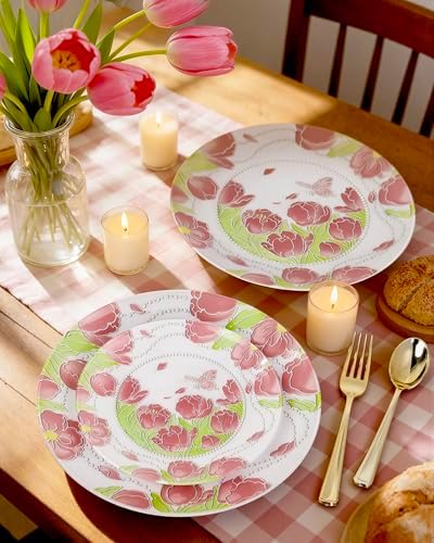 Hioasis 60 Pcs Disposable Plates, Pink Tulip & Butterfly, Pearl Trim - Image 4