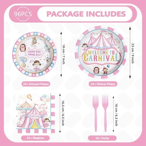 Grencian 96Pcs Pink Circus Carnival Birthday Party Supplies, Serves 24 - Image 2