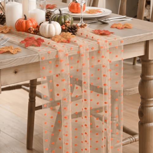 Artoid Mode Beige Gauze Flocking Orange Dots Table Runner 10FT,Seasonal Sheer Dining Table Decor for Wedding Anniversary Holiday Birthday Home Party by ArtoidMode