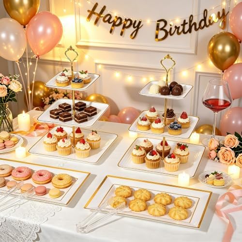8 Pcs Dessert Display Set, 2 3-Tier Cupcake Stands, 4 Trays & 2 Tongs - Image 2