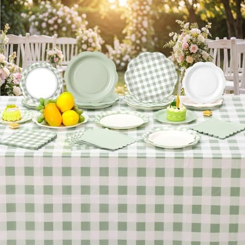 LemonRoad 100 Pcs Sage Green Gingham Paper Plates Napkins Plastic Tablecloth Set for 24, Green White Disposable Dinner Dessert Scalloped Plates for Baby Shower Picnic Birthday Party Supply Decoration - Image 6