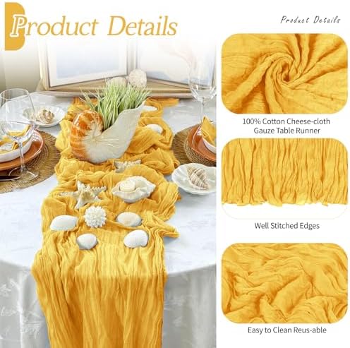 6 Pack Gold Cheesecloth Table Runner 17x108 Inch Semi Sheer Boho Gauze Cheese Cloth Fabric Table Runners Table Decor for Wedding Party Baby Shower Birthday Home Decor Garden Farmhouse - Image 3