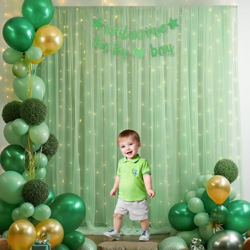 10x10ft Olive Green Tulle Backdrop Curtain with Lights String for Parites, Sheer Photo Backdrop Curtains for Wedding Baby Shower Birthday Party St. Patrick's Day Photo Shoot Background Decorations - Image 3