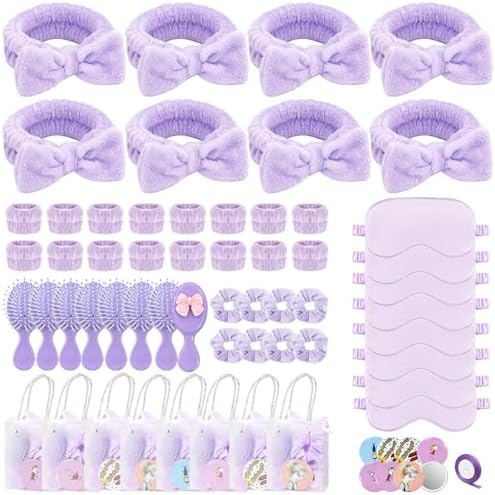 65 Pcs Sleepover Party Supplies for Women Include Spa Headband Sleep Eye Mask Pink Scrunchie with Coquette Bow Mirror Hair Comb Gift Bags for DIY Spa Sleepover Slumber Wedding Birthday Party Favors by Goroovr