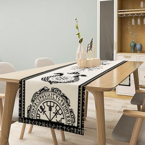 Viking Pattern Table Runner, Celtics Tree of Life Helmet of Awe Magic Warrior Norse Dragons Seasonal Dinner Runner for Farmhouse Party Holiday Home Kitchen Dining Table Decor 13"x90" - Image 2