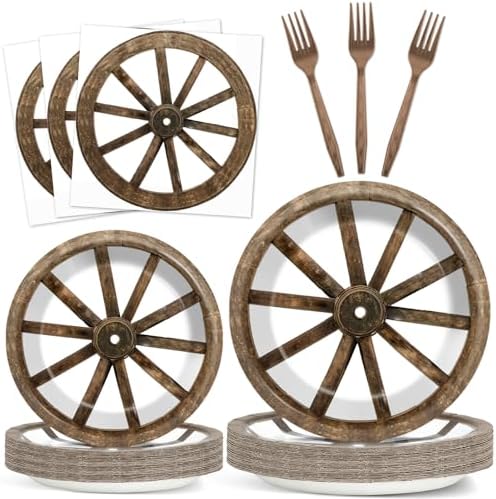 96Pcs Western Cowboy Party Paper Plates and Napkins for Western Party Supplies Wooden Wagon Wheels Themed Paper Dessert Plates Tableware Set for Kids Boys 24 Guests Birthday Party Decoration by CHUNNIN