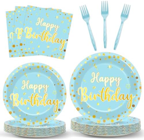 CHUNNIN 96PCS Blue Happy Birthday Plates and Napkins Happy Birthday Party Decorations Light Blue and Gold Dessert Plates Tableware for 24 Guests Kids Party Supplies by CHUNNIN