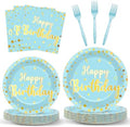 CHUNNIN 96PCS Blue Happy Birthday Plates and Napkins Happy Birthday Party Decorations Light Blue and Gold Dessert Plates Tableware for 24 Guests Kids Party Supplies by CHUNNIN