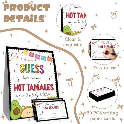 Taco Bout Love Decorations,Fiesta Guess How Many Baby Shower Game,Guess How Many Hot Tamales are in the Jar,Birthday Party Game & Activities 50 Cards and Sign - Image 3