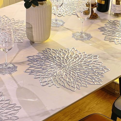 Snowkingdom 12 Pack of Silver Placemats Metallic Vinyl Dinning Table Mats, Round Flower Charger Plates Decoration Bulk for Winter Holiday Christmas Thanksgiving Party - Image 4