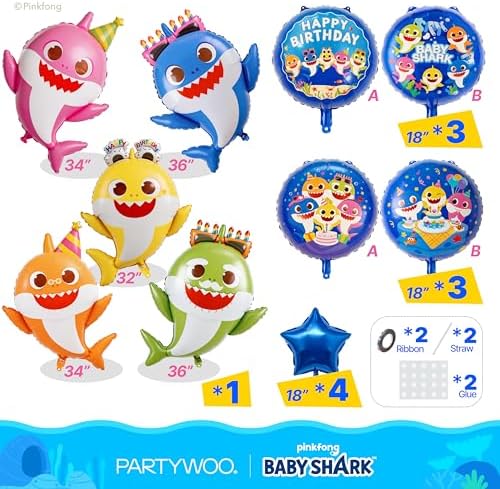 PartyWoo Baby Shark Blue Round Star Mylar Helium Boys Foil Balloons 13pcs - Image 2