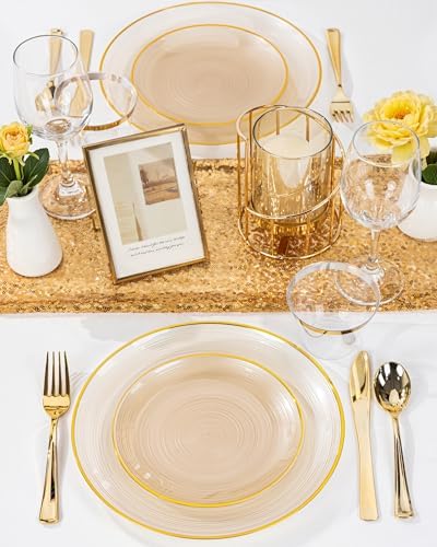 Morejoy 350PCS Clear Brown Plastic Plates - Disposable Gold Party Plates - Image 3