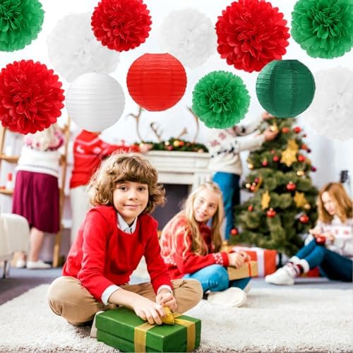Red-Green White Party-Decorations Christmas Flowers Lanterns - 15PCS Italian Mexican Independence Day Paper Tissue Pom Poms Streamers,Mexico Italy Birthday Baby Shower Wedding Hanging Decor Hugfond - Image 2