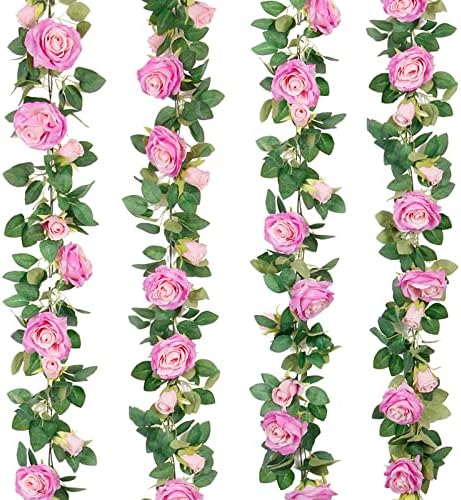 Teldrassil 4Pcs(26 FT) Artificial Rose Vine Fake Flower Garland Fake Silk Rose Hanging Vine for Wedding Party Background Arch Garden Background Decoration (Purplish Red) by Teldrassil
