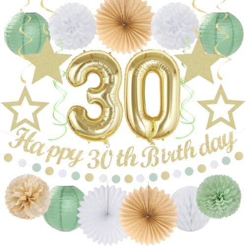 White Gold Sage Green Womens 30th Happy Birthday Party Decorations Hugmoon by PartyDecorations