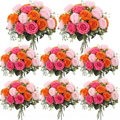Geosar 8 Bundles Artificial Peonies Flowers,Pink, Orange by Geosar