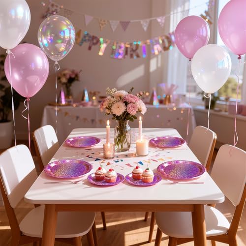 Pink Iridescent Paper Plates & Napkins, 75 Pcs Party Decoration Tableware - Image 7