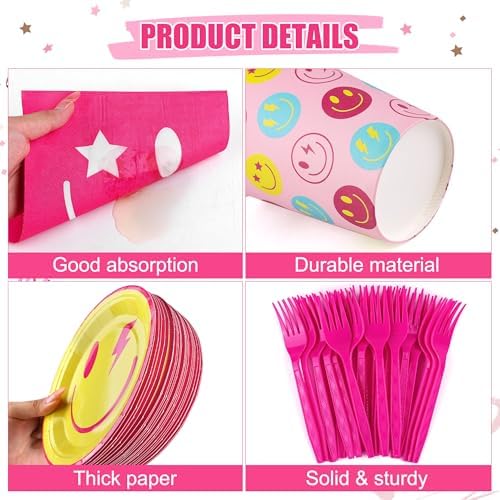 Kochorie 144 Pieces Preppy Smile Party Tableware Sets Including Disposable Plates Napkins Cups Forks Serves 24 for Smile Face Party Birthday Baby Shower Decor Party Supplies - Image 3