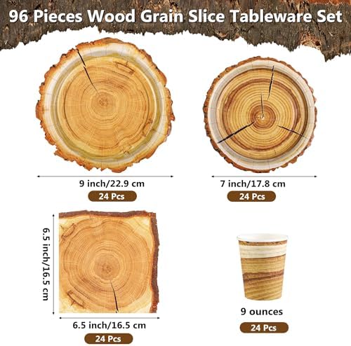 Kochorie 96 Pieces Camping Wood Grain Slice Tableware Set Rustic Wood Party Supplies Including Paper Plates Cups Napkins Serves 24 Guests for Hunting Baby Shower Lumberjack Birthday Party - Image 2