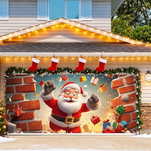 7 x 16 ft Halloween Garage Door Decorations Halloween decorations Witch Door Cover, Hanging Banner, Cauldron Backdrop Mural for Home, Outdoor, Indoor, Spooky Party, Wall, Window (Santa Claus, 7 x 16 ft) - Image 3