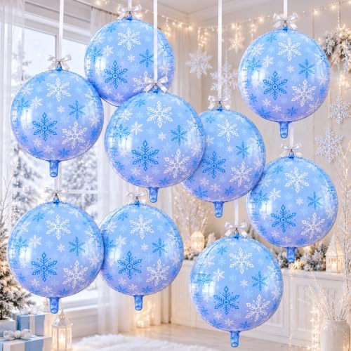 Snowflake Round Foil Balloons, 9 PCS 22Inch Winter Wonderland 4D Balloons by Togvu