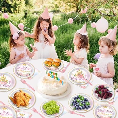 96Pcs Four Ever a Princess Plates and Napkins Girl 4th Birthday Party Decorations Royal Pastel Castle Dessert Disposable Plates Pink & Gold Tableware Set for 24 Guests Floral Fairytale Party Supplies - Image 5