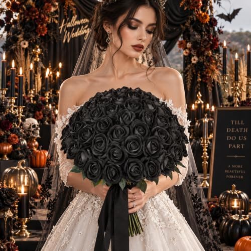 50 PCS Black Roses Artificial Flowers, Fake Roses with Stem Realistic Silk Roses for Halloween DIY Wedding Bouquets Table Centerpieces Arrangements Baby Shower Party Birthday Home Decor Gift for Her - Image 2