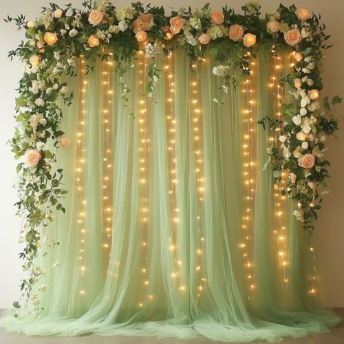Sage Green Tulle Backdrop Curtain with Lights for Decor, 10x10FT by Unknown